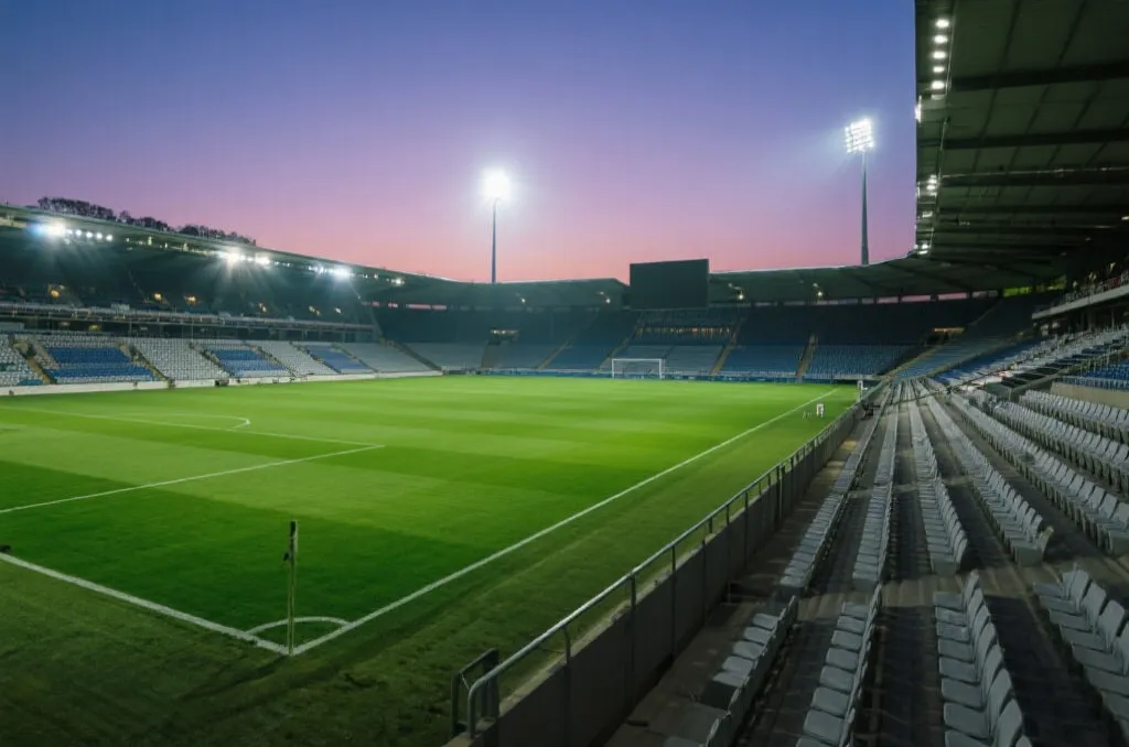 An empty modern soccer stadium at dusk under bright floodlights