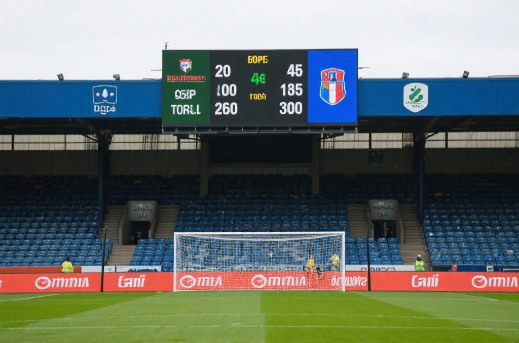 Soccer stadium scoreboard displaying match statistics