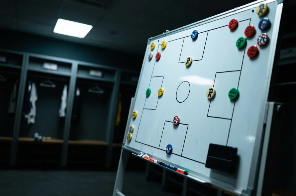 A tactical whiteboard in a football locker room with magnets showing team formations, strategic lines drawn, moody cinematic lighting