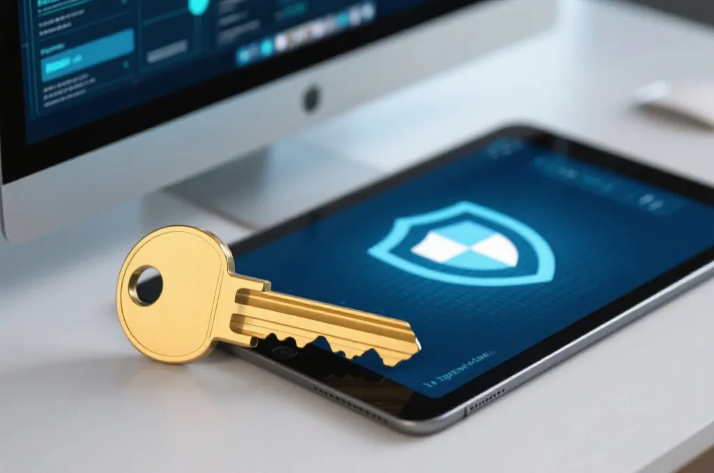 A gold key next to a digital tablet displaying a security shield, professional tech setup