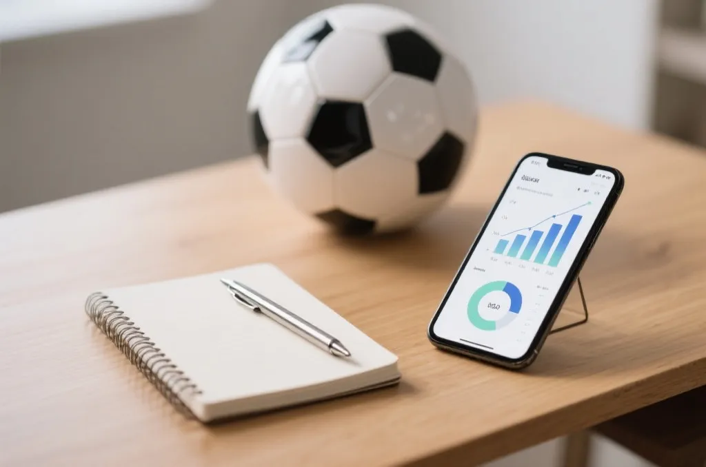 A sleek desk setup with a tablet displaying dynamic data charts and a classic soccer ball nearby