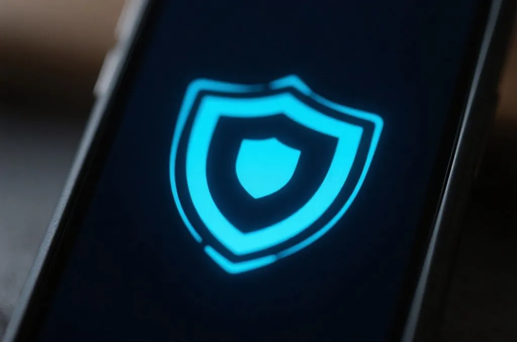 A close-up of a digital security shield icon glowing on a mobile phone screen
