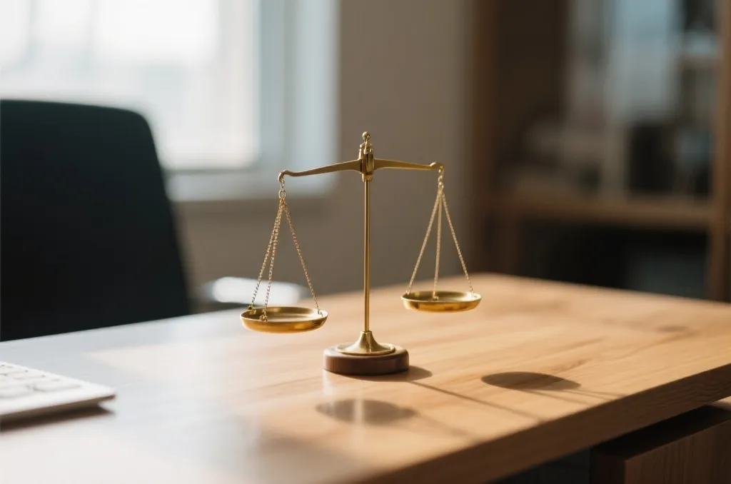A minimalist brass balance scale sitting on a wooden desk, symbolizing risk management and balance, bright natural lighting, macro photography.